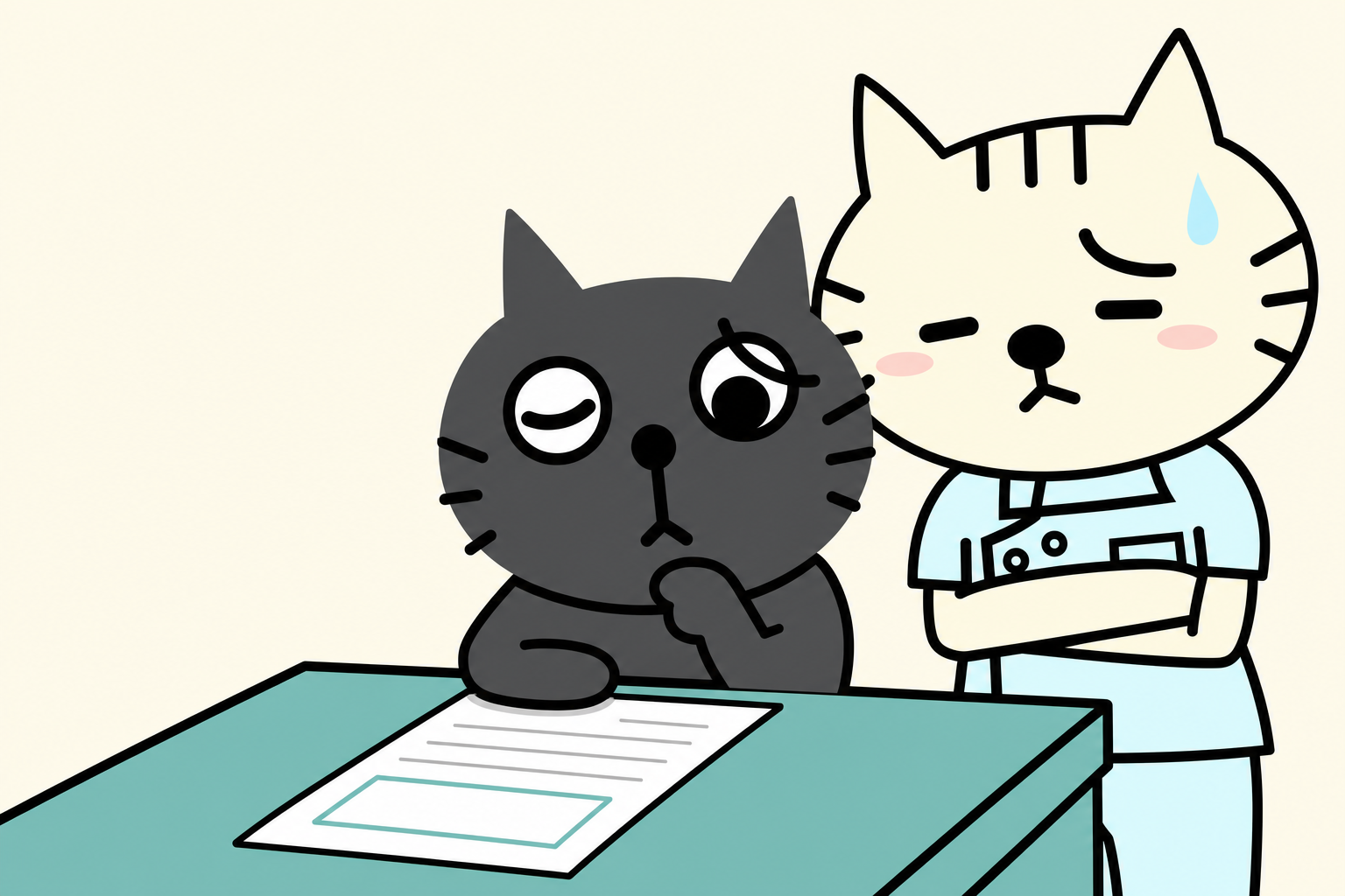空欄の証人欄がある届書を見つめる、不安げだが穏やかな黒猫