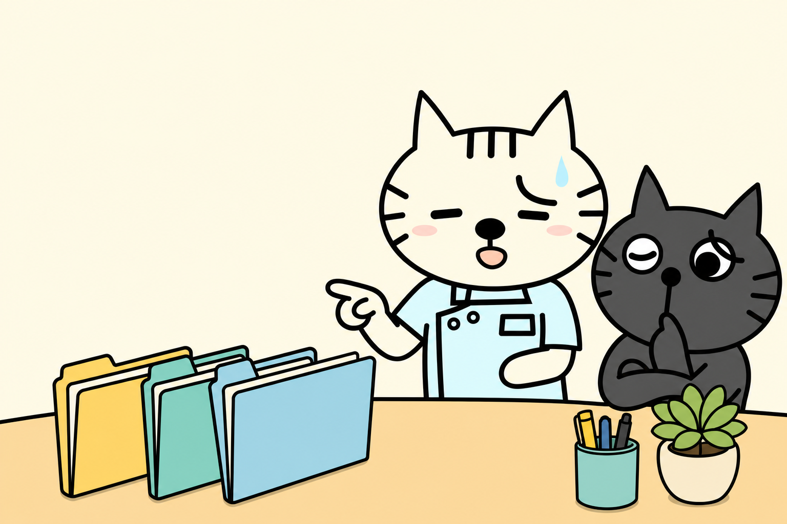 整った机の無記名の三つの届書フォルダーを指す白猫