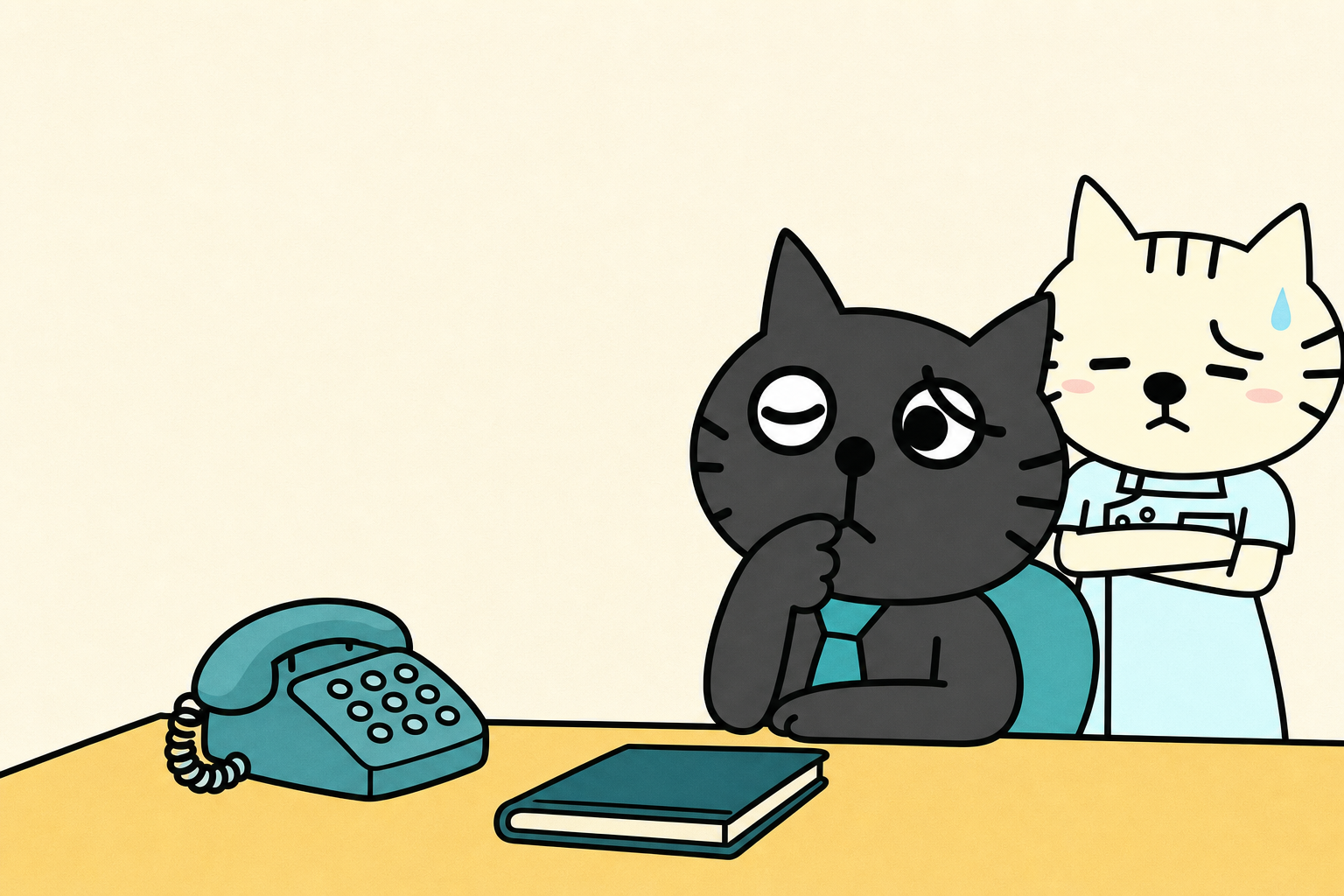 電話と閉じたノートのそばで考え込む、落ち着いた表情の黒猫