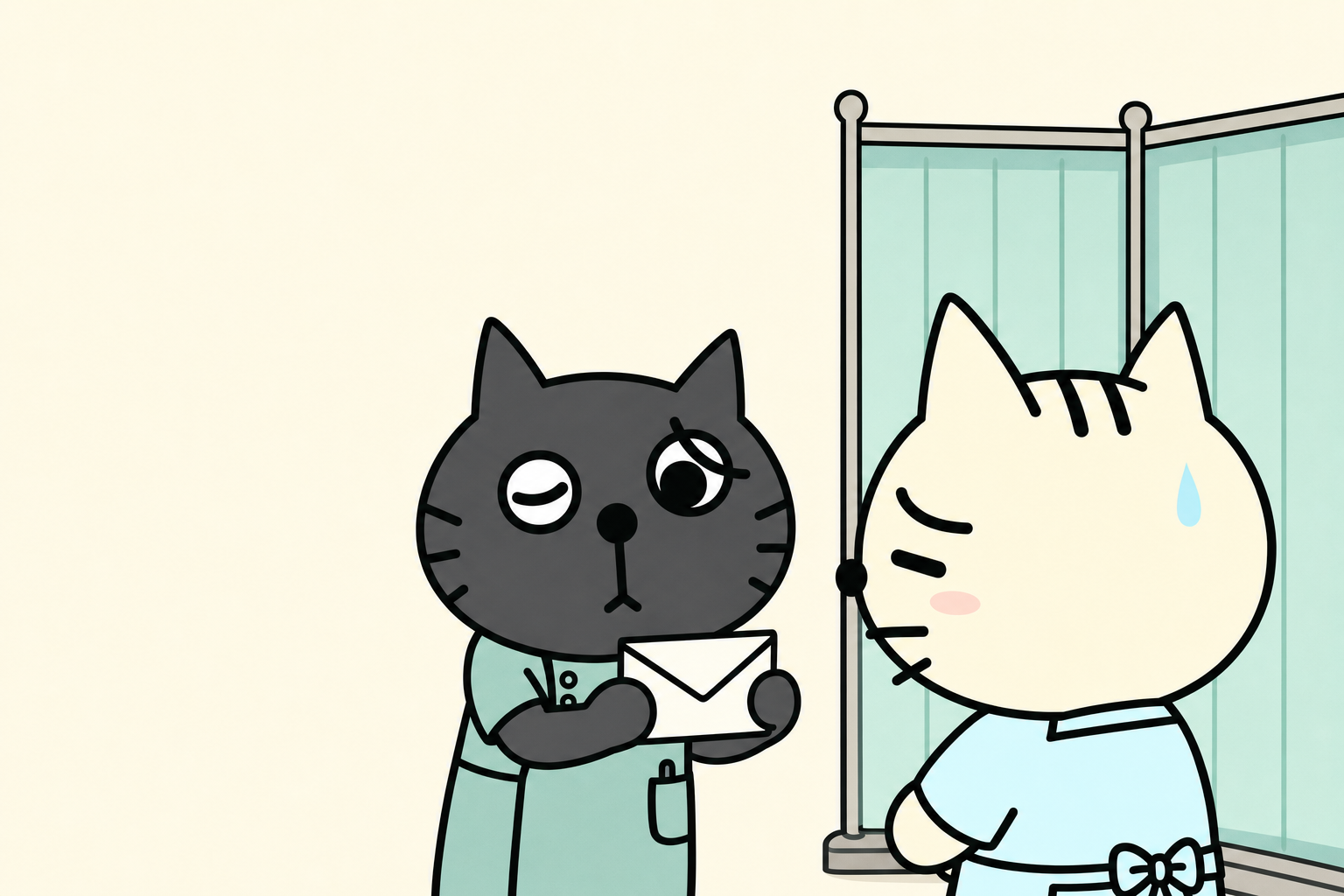 静かな目隠しパネルのそばで閉じた封筒を持つ黒猫