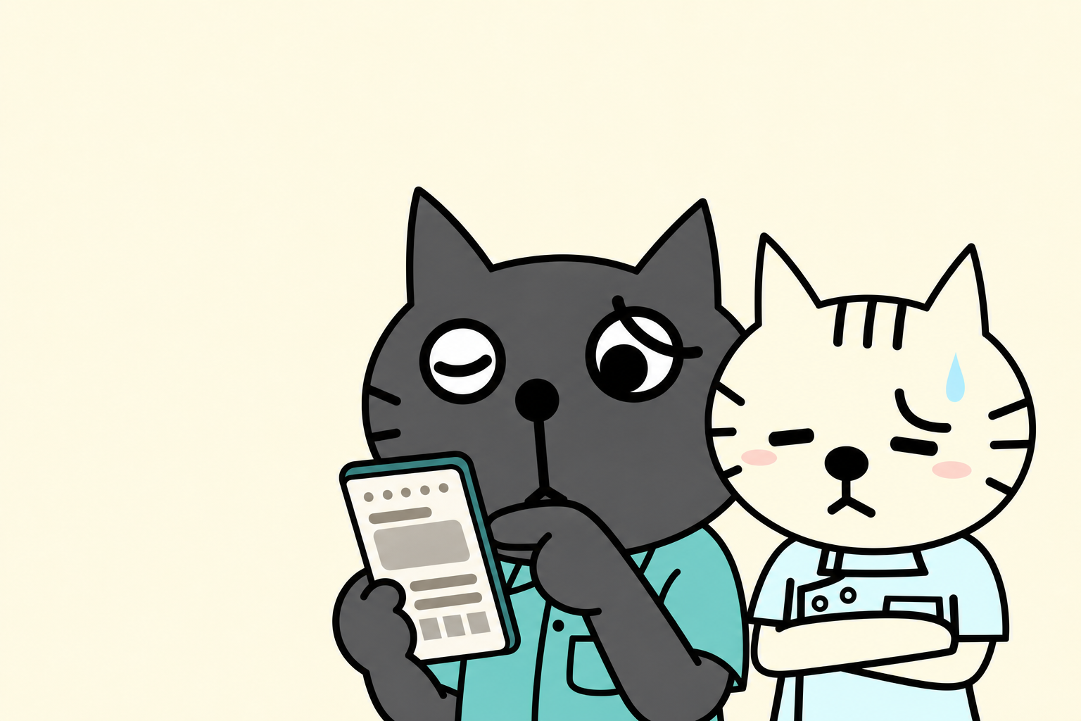文字が読めないシンプルなスマートフォンの相談画面を見る黒猫