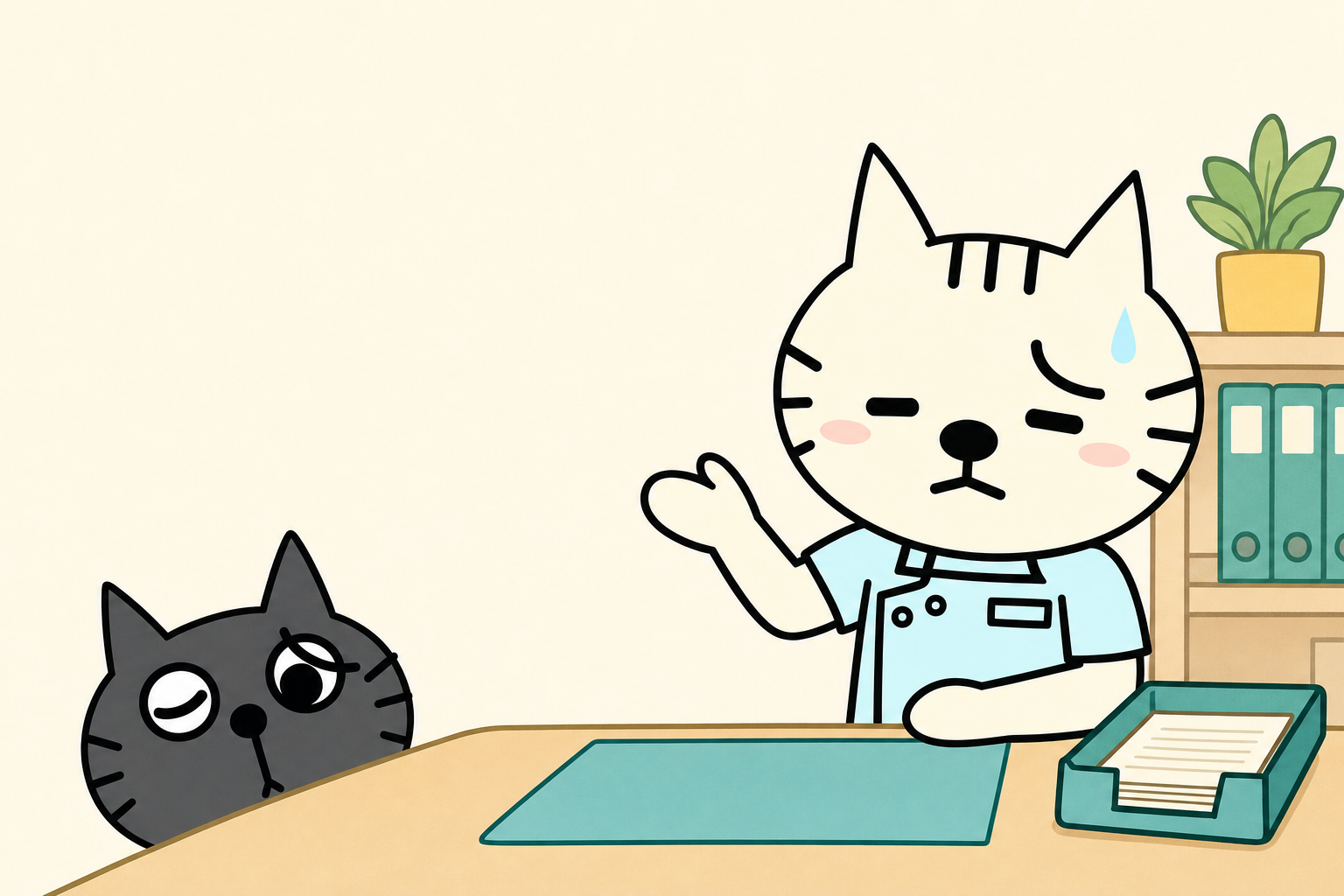 人物を描かず、届書トレーのある温かく迎え入れる事務所机にいる白猫
