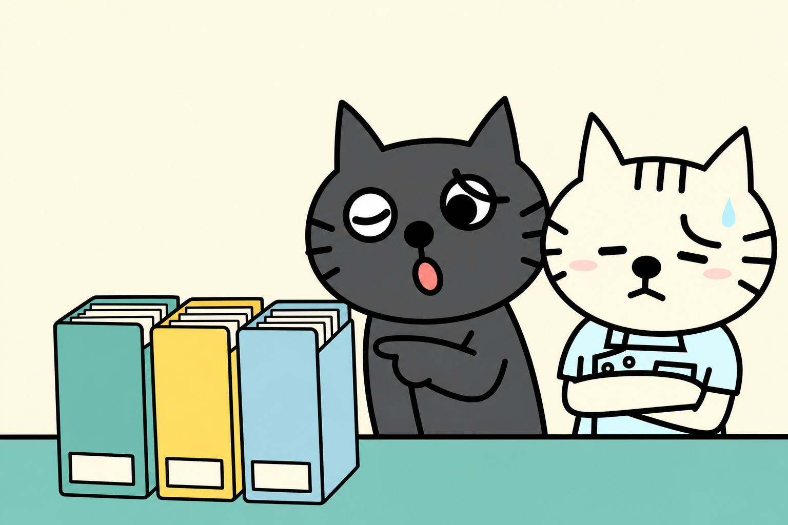 整った無記名の三つのフォルダーを一緒に見る黒猫と白猫