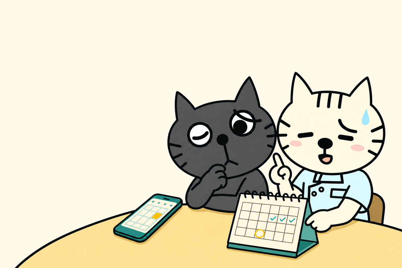 暖かな締めくくりの場面で、汎用スマートフォンと予定表のそばにいる二匹の猫